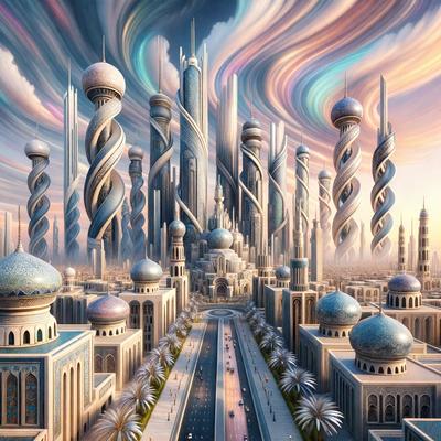 The primary subject of the image is a futuristic city with a skyline featuring tall buildings and a large number of towers. The setting is a cityscape with a cloudy sky, and the visual style is a digital art or illustration. The colors and mood of the image are predominantly blue and purple, giving it a futuristic and dreamy atmosphere.
